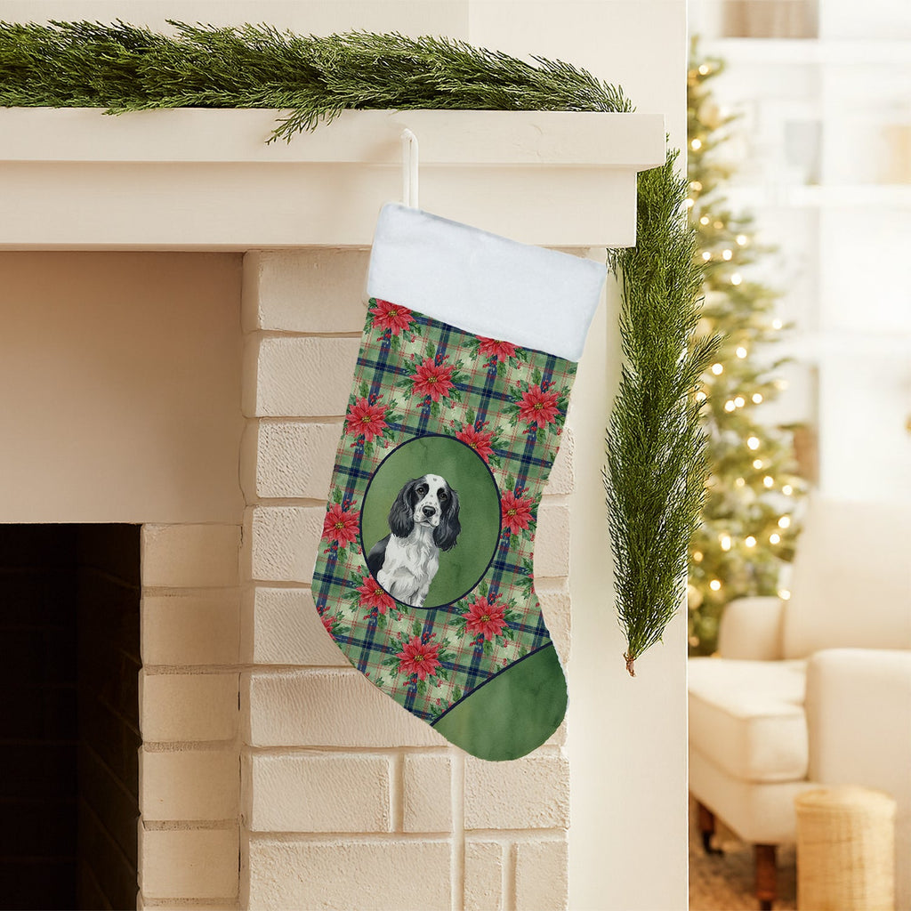 Black and White English Springer Spaniel Christmas PoinsettIas Holiday Stocking Double-Sided Print, Polyester Suede,11x18, Made in USA
