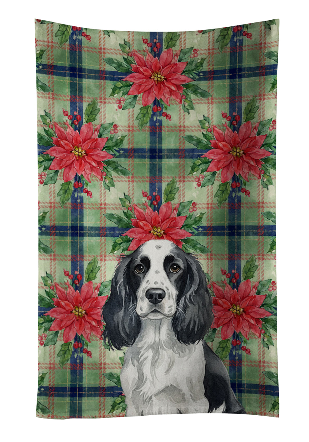 Black and White English Springer Spaniel Christmas PoinsettIas Kitchen Towel Velour Plush Front and Cotton Loop Back Machine Washable