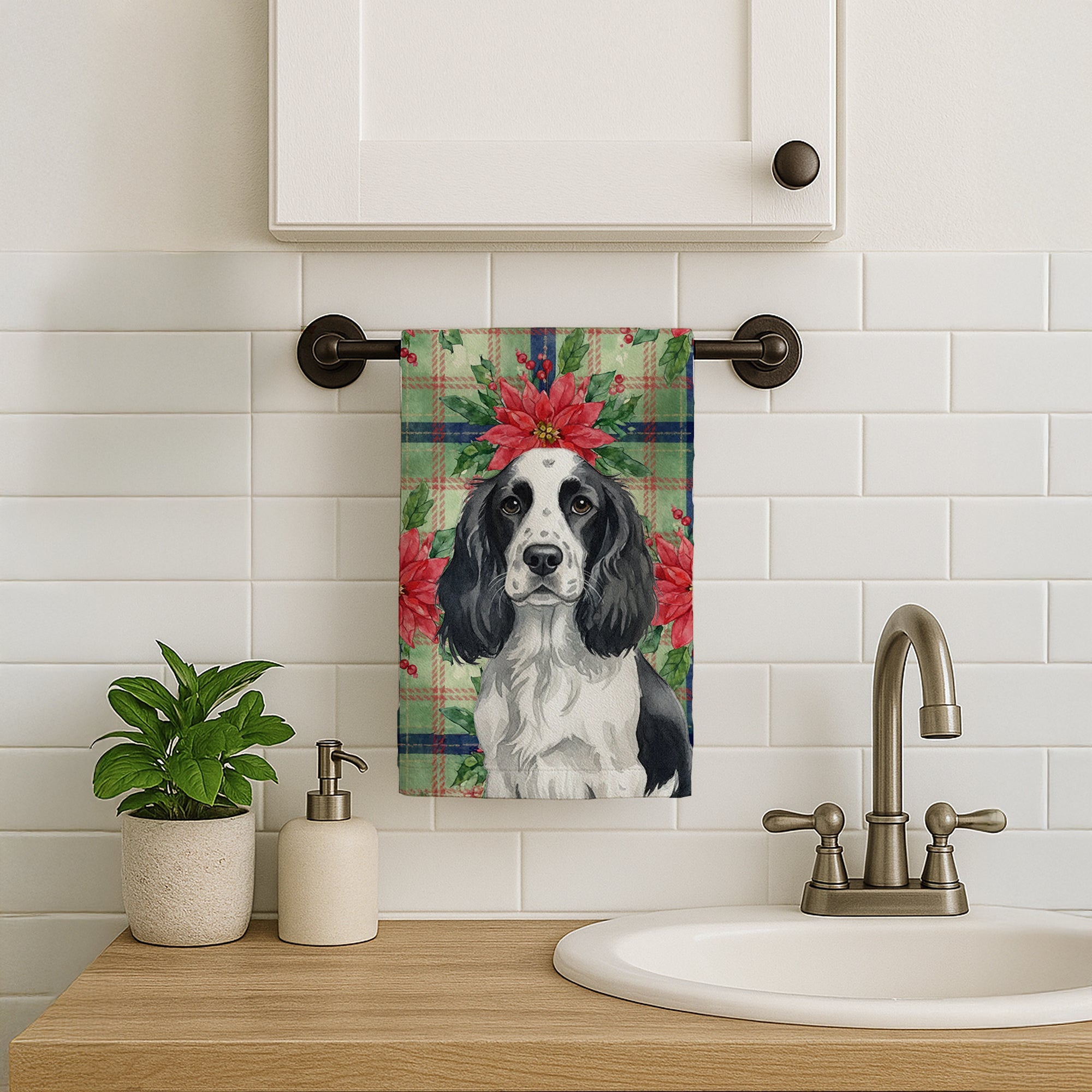 Black and White English Springer Spaniel Christmas PoinsettIas Kitchen Towel Velour Plush Front and Cotton Loop Back Machine Washable