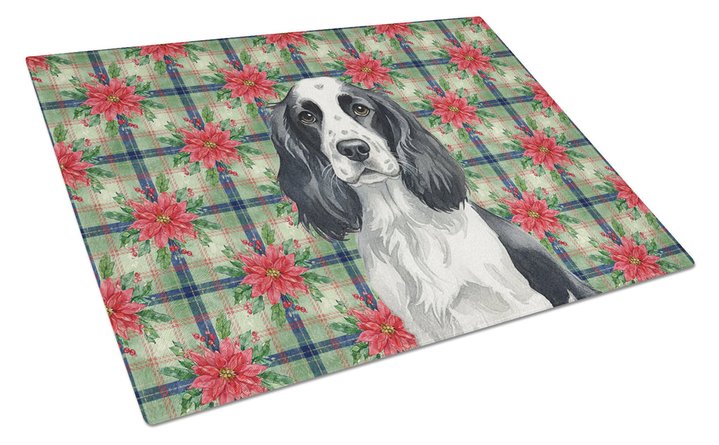Black and White English Springer Spaniel Christmas PoinsettIas Cutting Board Tempered Glass Kitchen Cutting Surface, Heat Resistant Chopping, Non-Slip Feet, Food Prep & Serving