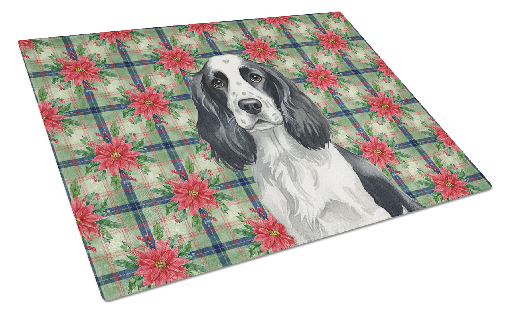Black and White English Springer Spaniel Christmas PoinsettIas Cutting Board Tempered Glass Kitchen Cutting Surface, Heat Resistant Chopping, Non-Slip Feet, Food Prep & Serving
