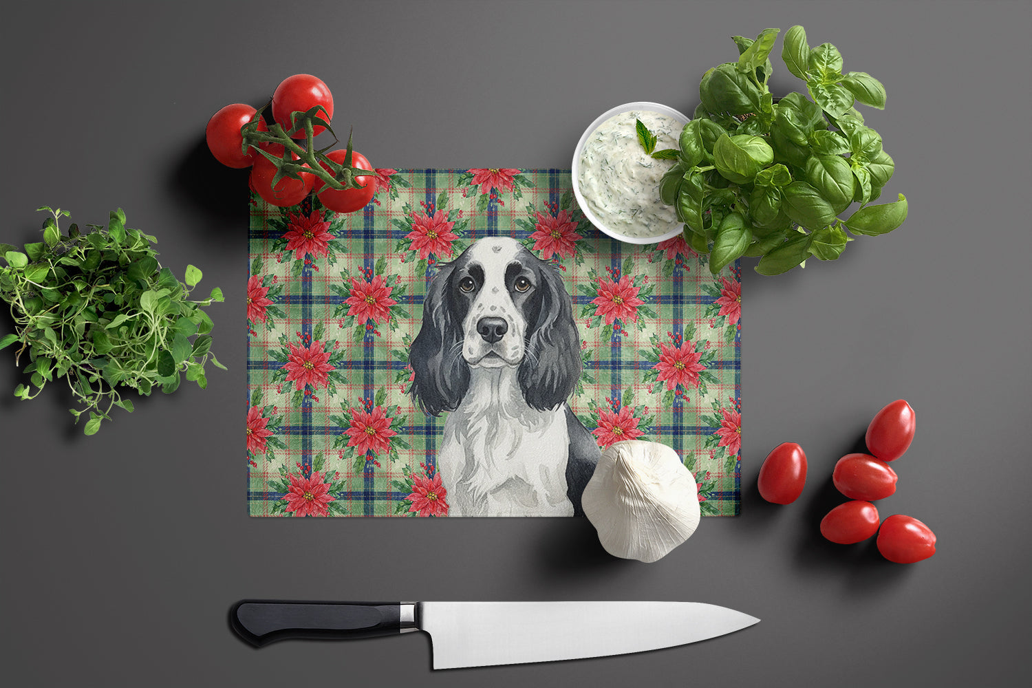Black and White English Springer Spaniel Christmas PoinsettIas Cutting Board Tempered Glass Kitchen Cutting Surface, Heat Resistant Chopping, Non-Slip Feet, Food Prep & Serving