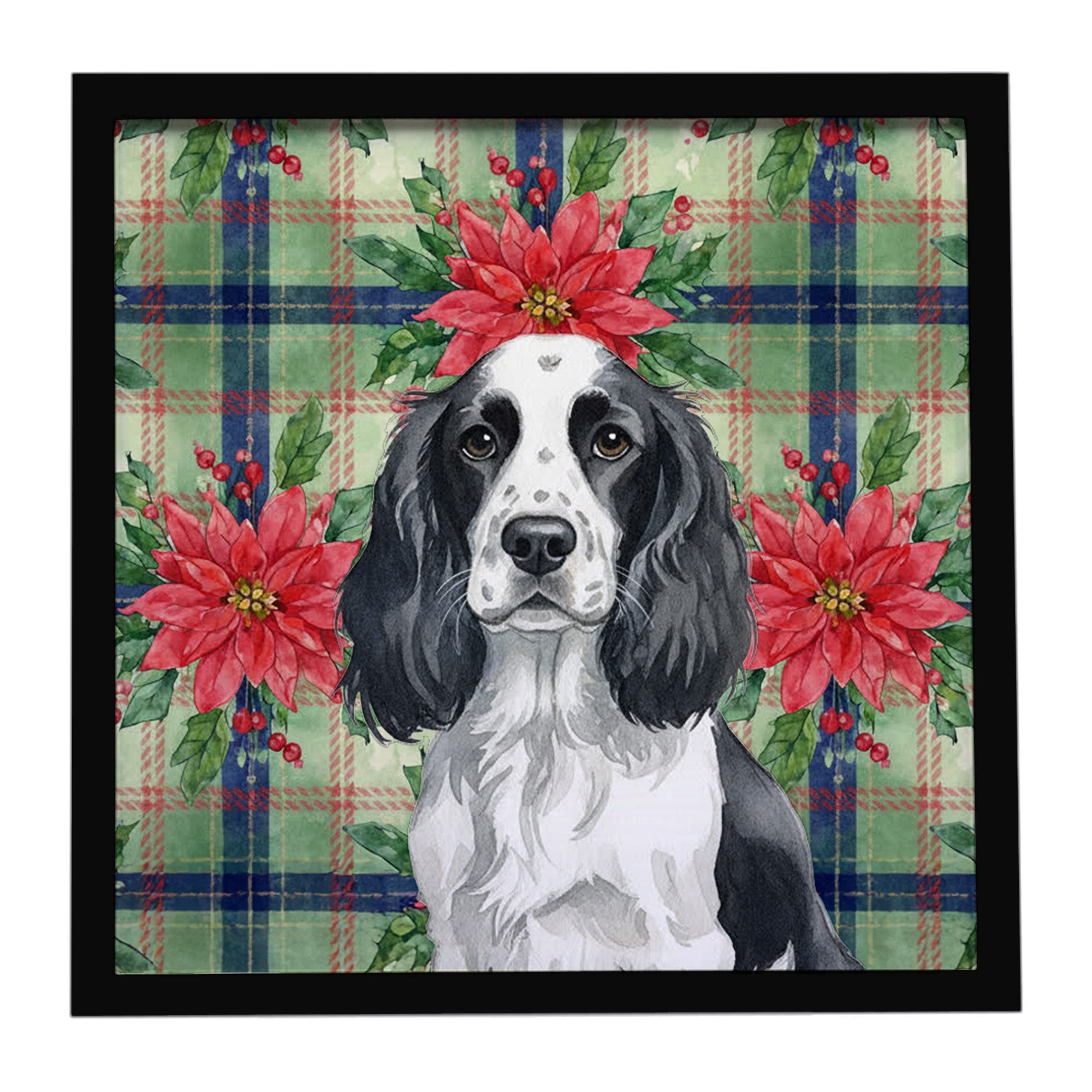 Black and White English Springer Spaniel Christmas PoinsettIas Framed Metal Print Bathroom, Kitchen, Office, Home Decor Wall Art Ready to Hang, Square, 8X8