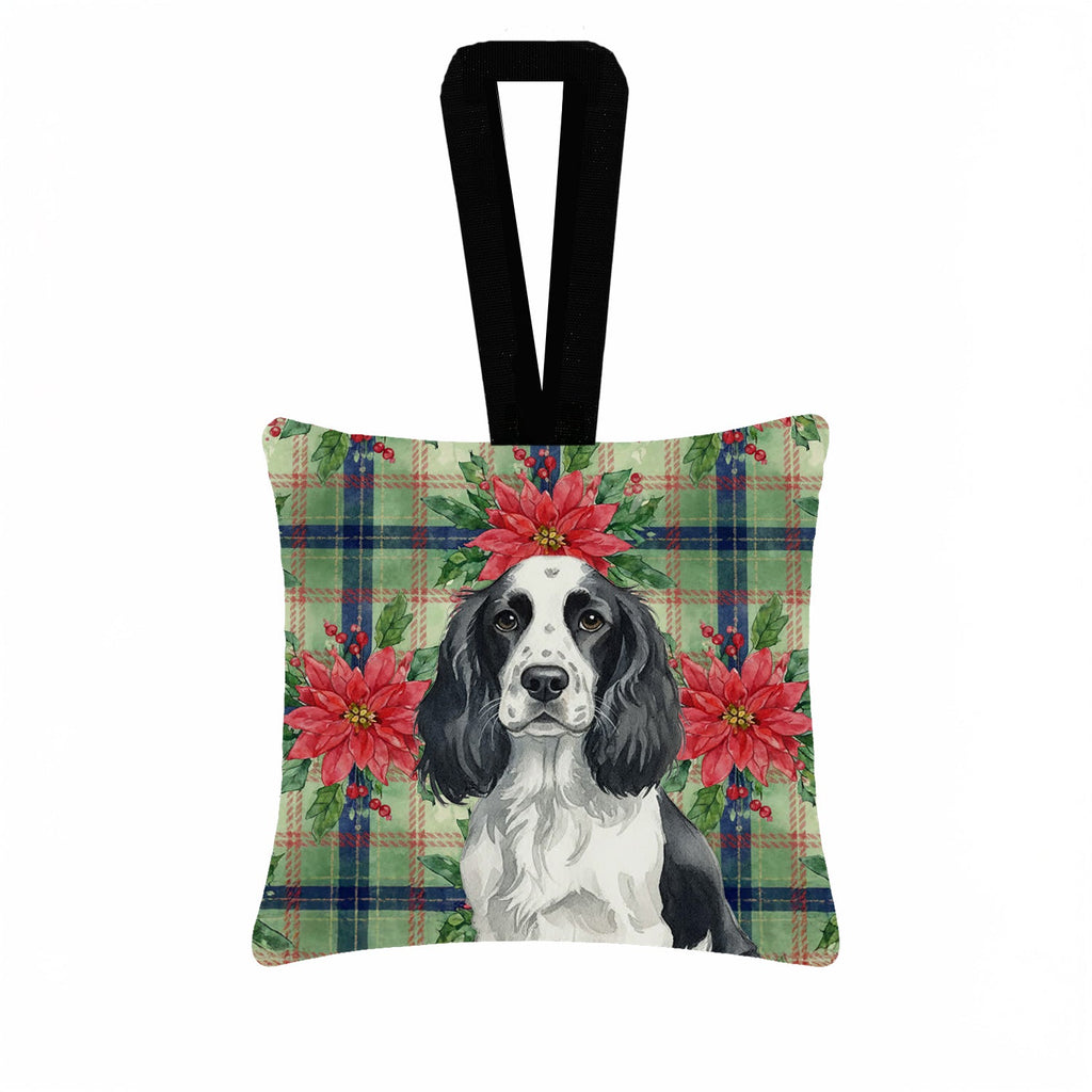 Black and White English Springer Spaniel Christmas PoinsettIas Hanging Square Fabric Ornament 3.5 � 3.5 Decorative Door-Knob & Tree Hanger, Soft Fabric