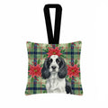 Black and White English Springer Spaniel Christmas PoinsettIas Hanging Square Fabric Ornament 3.5 � 3.5 Decorative Door-Knob & Tree Hanger, Soft Fabric