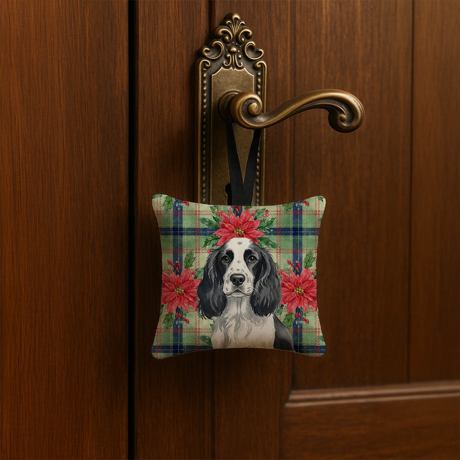 Black and White English Springer Spaniel Christmas PoinsettIas Hanging Square Fabric Ornament 3.5 � 3.5 Decorative Door-Knob & Tree Hanger, Soft Fabric