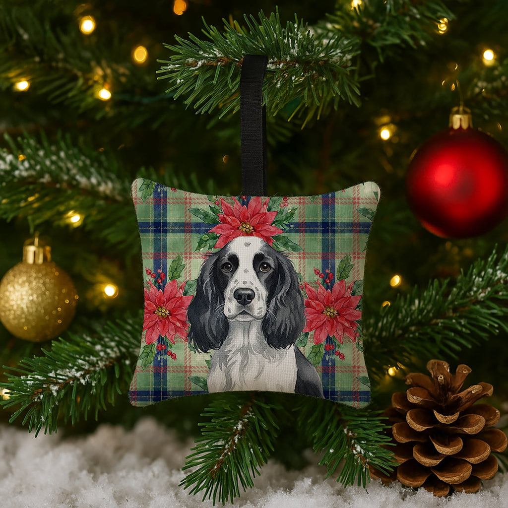 Black and White English Springer Spaniel Christmas PoinsettIas Hanging Square Fabric Ornament 3.5 � 3.5 Decorative Door-Knob & Tree Hanger, Soft Fabric