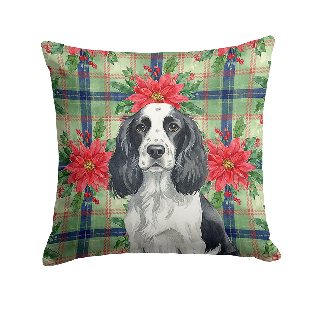 Black and White English Springer Spaniel Christmas PoinsettIas Decorative Throw Pillow 14x14 Indoor Outdoor Accent Cushion, Fabric Cover with Insert for Sofa, Bed, Porch & Living Room