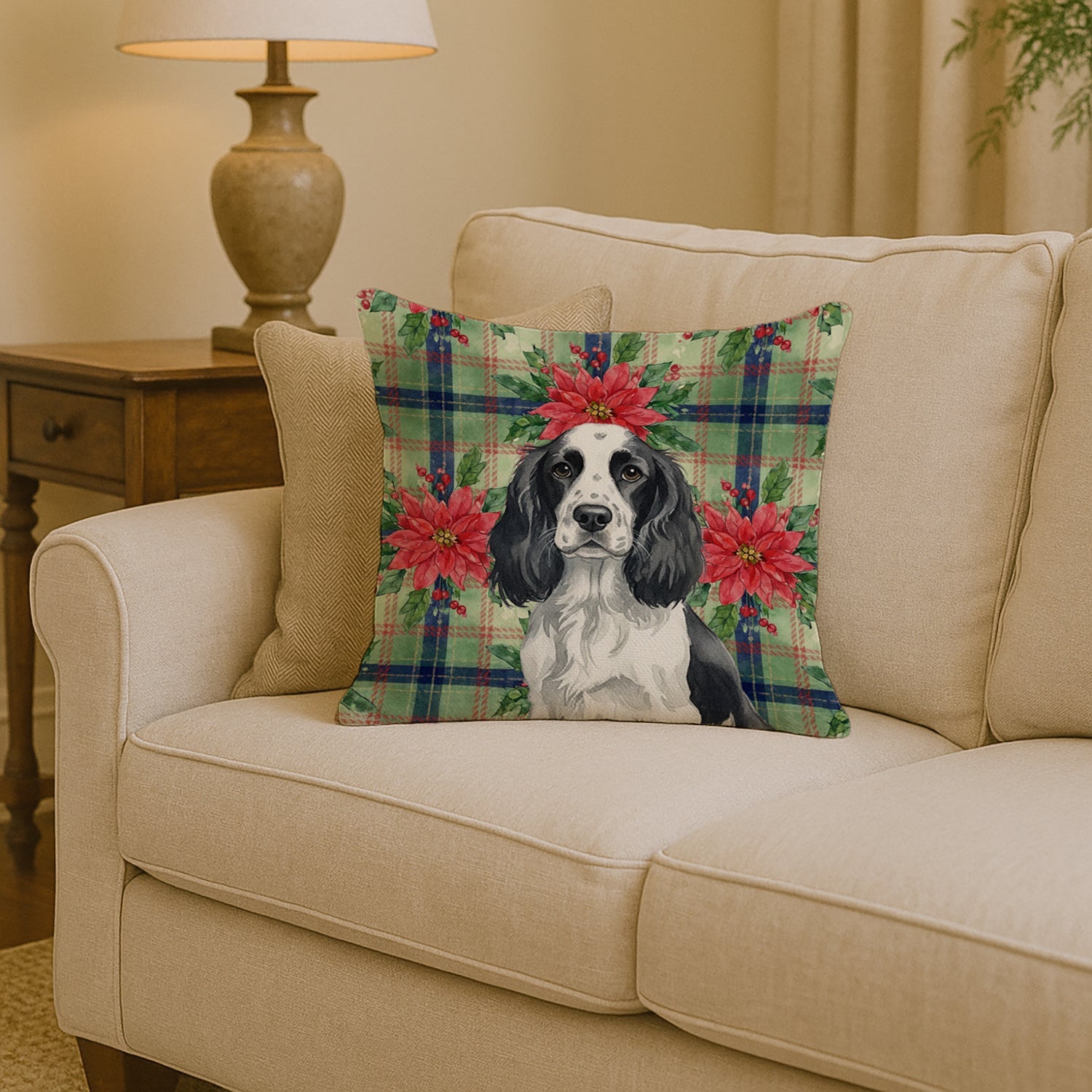 Black and White English Springer Spaniel Christmas PoinsettIas Decorative Throw Pillow 14x14 Indoor Outdoor Accent Cushion, Fabric Cover with Insert for Sofa, Bed, Porch & Living Room