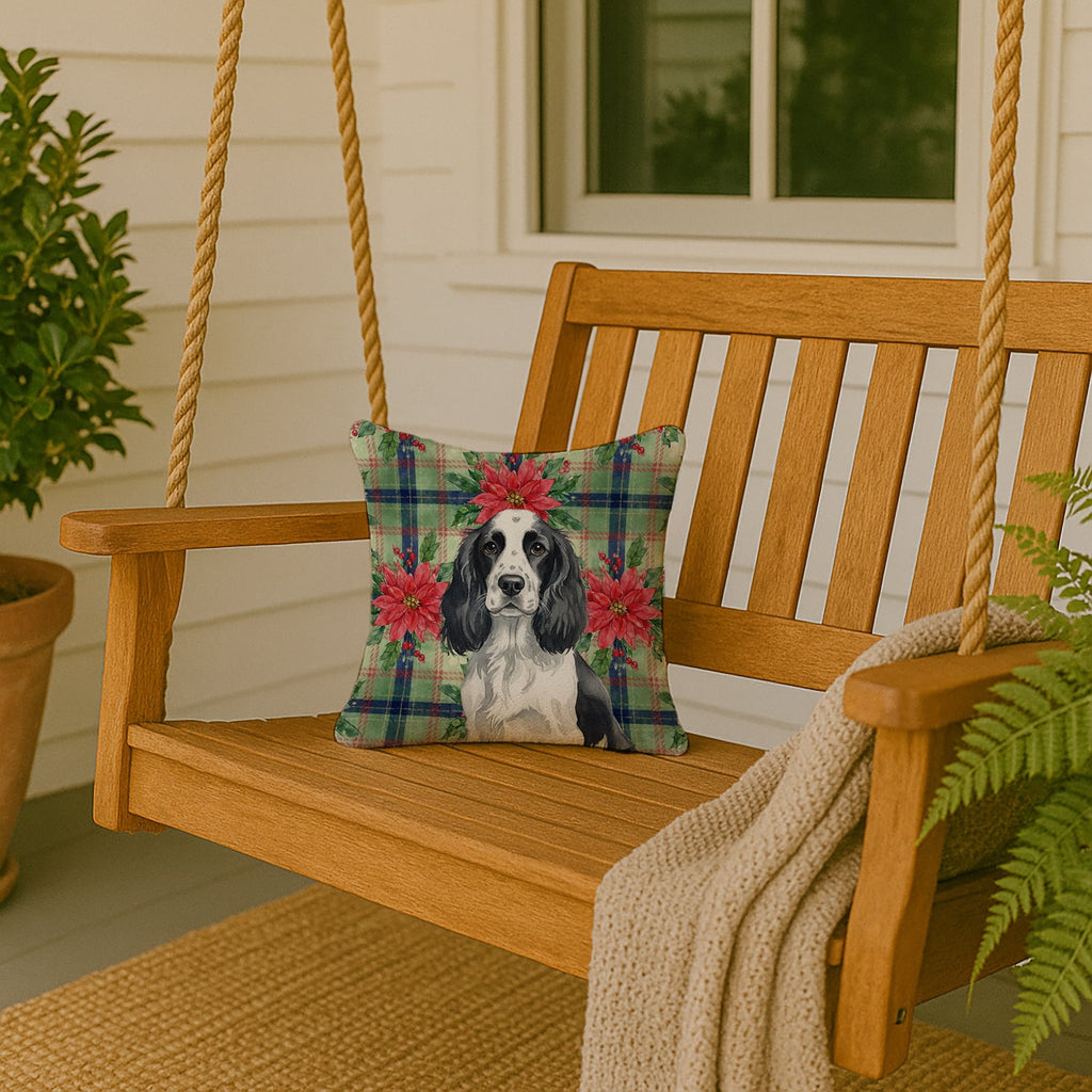 Black and White English Springer Spaniel Christmas PoinsettIas Decorative Throw Pillow 14x14 Indoor Outdoor Accent Cushion, Fabric Cover with Insert for Sofa, Bed, Porch & Living Room