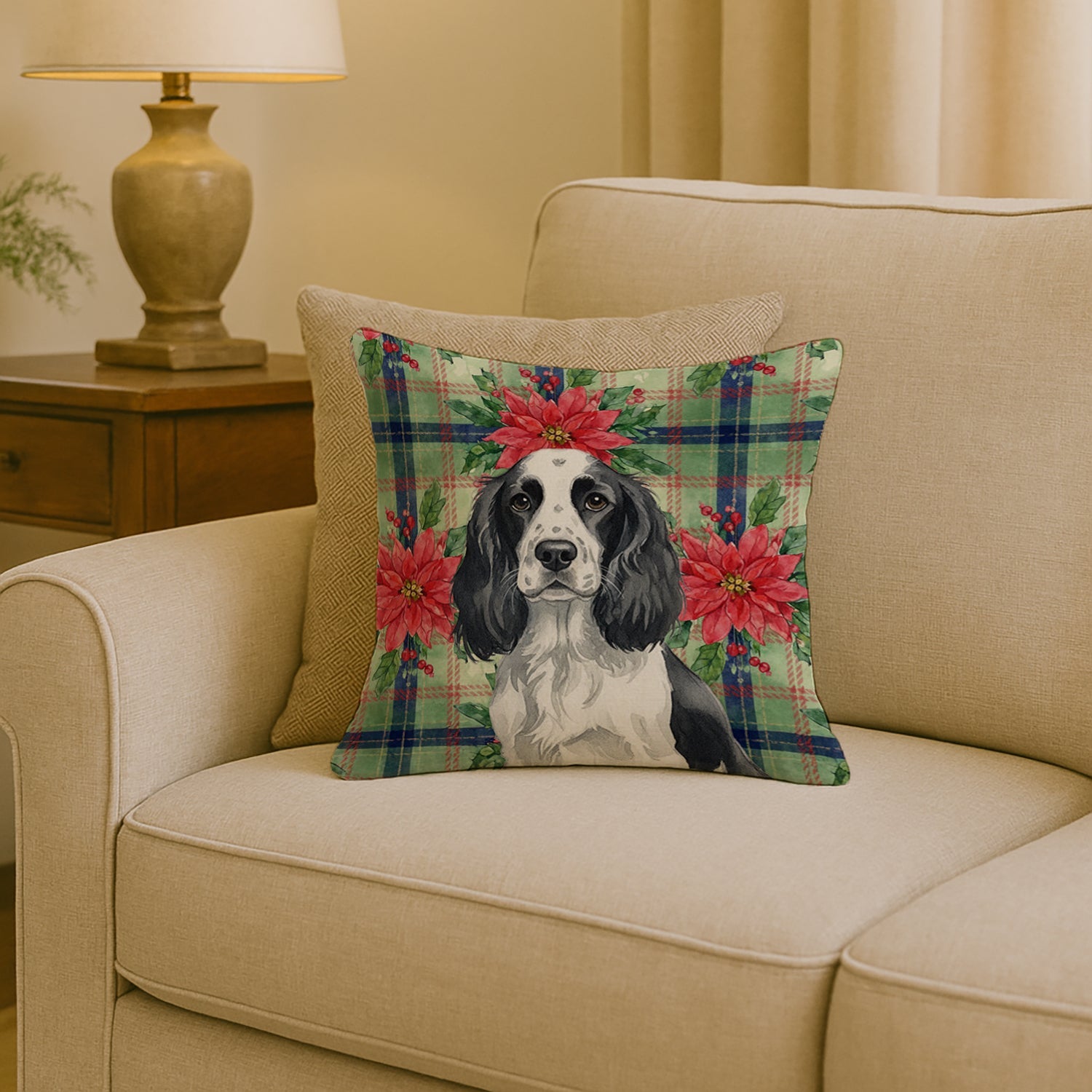 Black and White English Springer Spaniel Christmas PoinsettIas Decorative Throw Pillow 18x18 Indoor Outdoor Accent Cushion, Fabric Cover with Insert for Sofa, Bed, Porch & Living Room