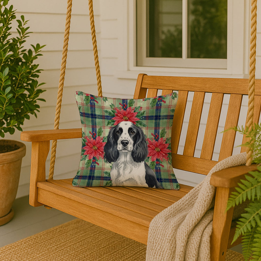 Black and White English Springer Spaniel Christmas PoinsettIas Decorative Throw Pillow 18x18 Indoor Outdoor Accent Cushion, Fabric Cover with Insert for Sofa, Bed, Porch & Living Room