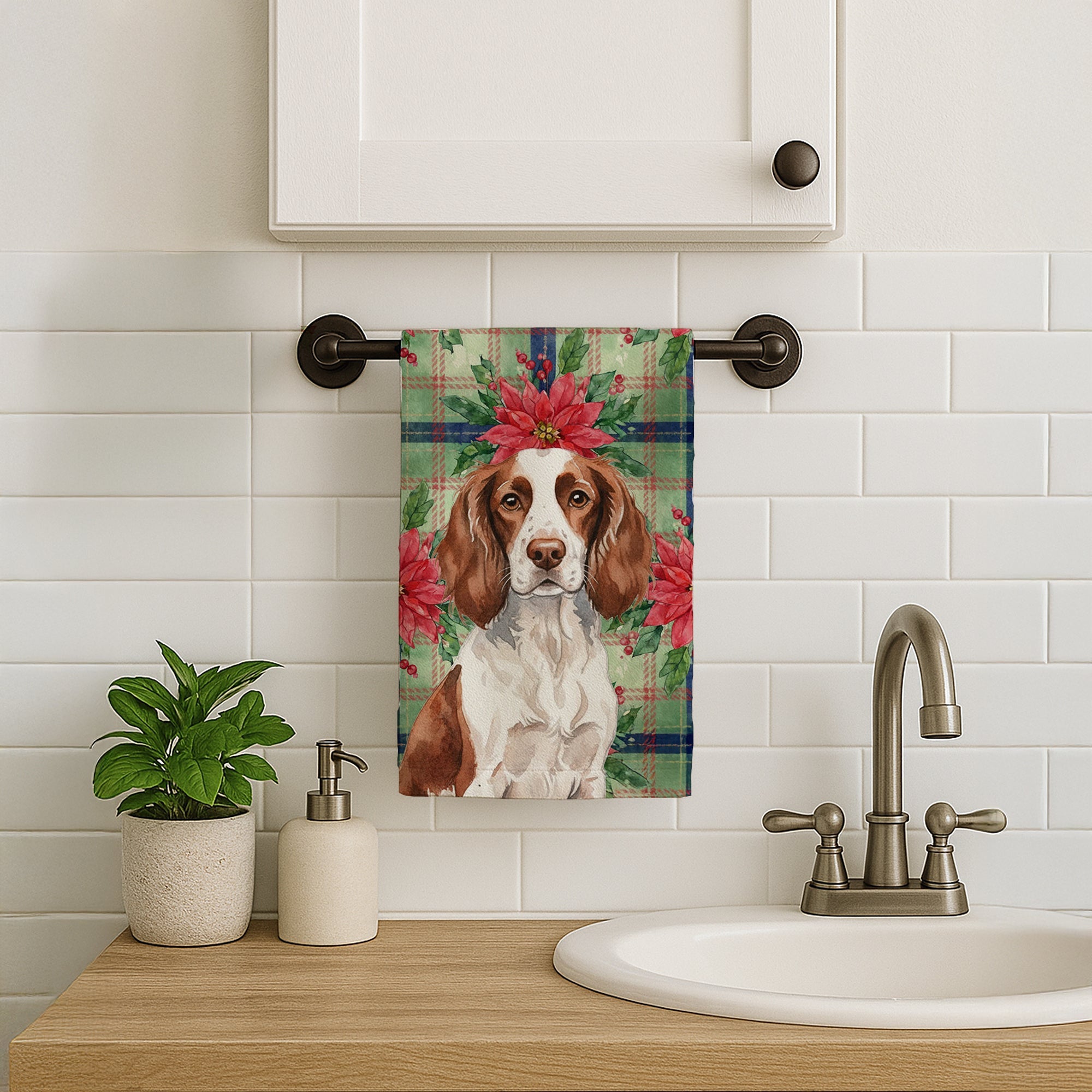 Liver and White English Springer Spaniel Christmas PoinsettIas Kitchen Towel Velour Plush Front and Cotton Loop Back Machine Washable