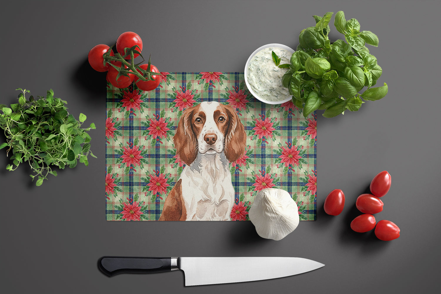 Liver and White English Springer Spaniel Christmas PoinsettIas Cutting Board Tempered Glass Kitchen Cutting Surface, Heat Resistant Chopping, Non-Slip Feet, Food Prep & Serving