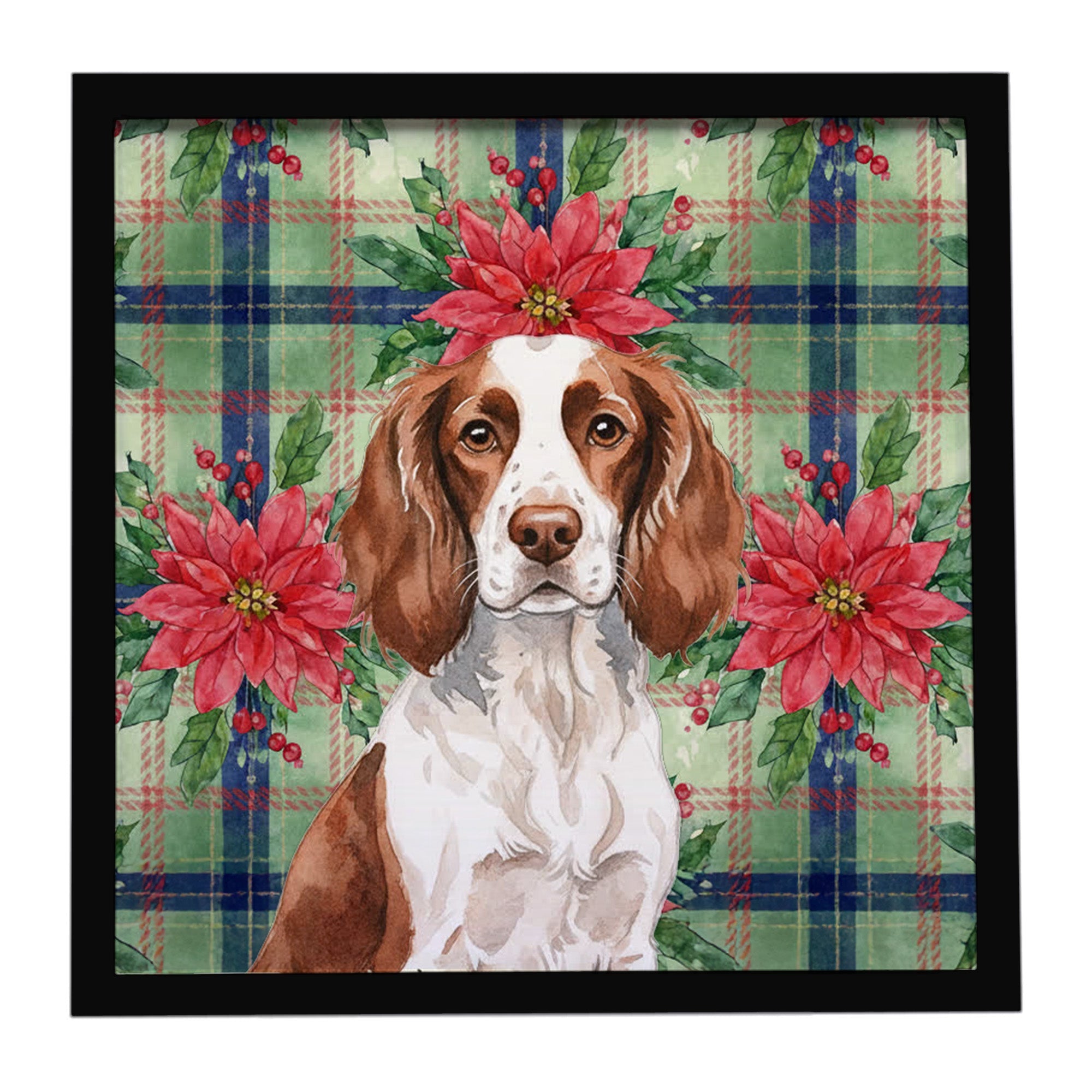 Liver and White English Springer Spaniel Christmas PoinsettIas Framed Metal Print Bathroom, Kitchen, Office, Home Decor Wall Art Ready to Hang, Square, 8X8