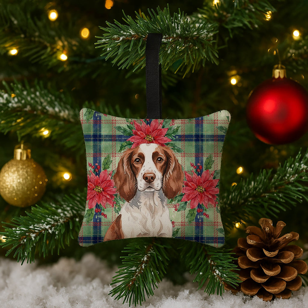 Liver and White English Springer Spaniel Christmas PoinsettIas Hanging Square Fabric Ornament 3.5 � 3.5 Decorative Door-Knob & Tree Hanger, Soft Fabric