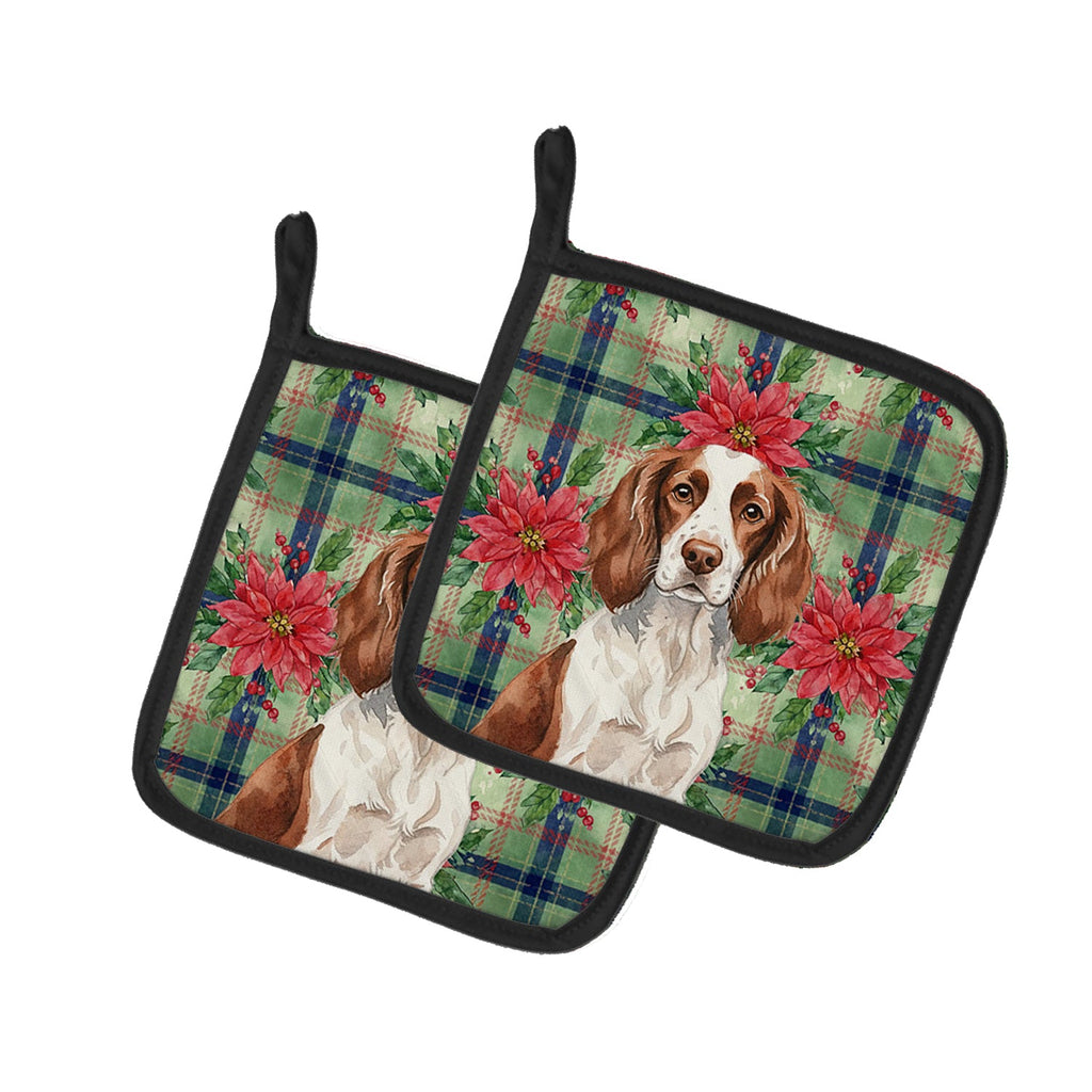 Liver and White English Springer Spaniel Christmas PoinsettIas Pot Holder Set of 2 Heat Resistant Quilted Hot Pads 7.5 x 7.5 Inch, Insulated Kitchen Trivets for Cooking & Baking