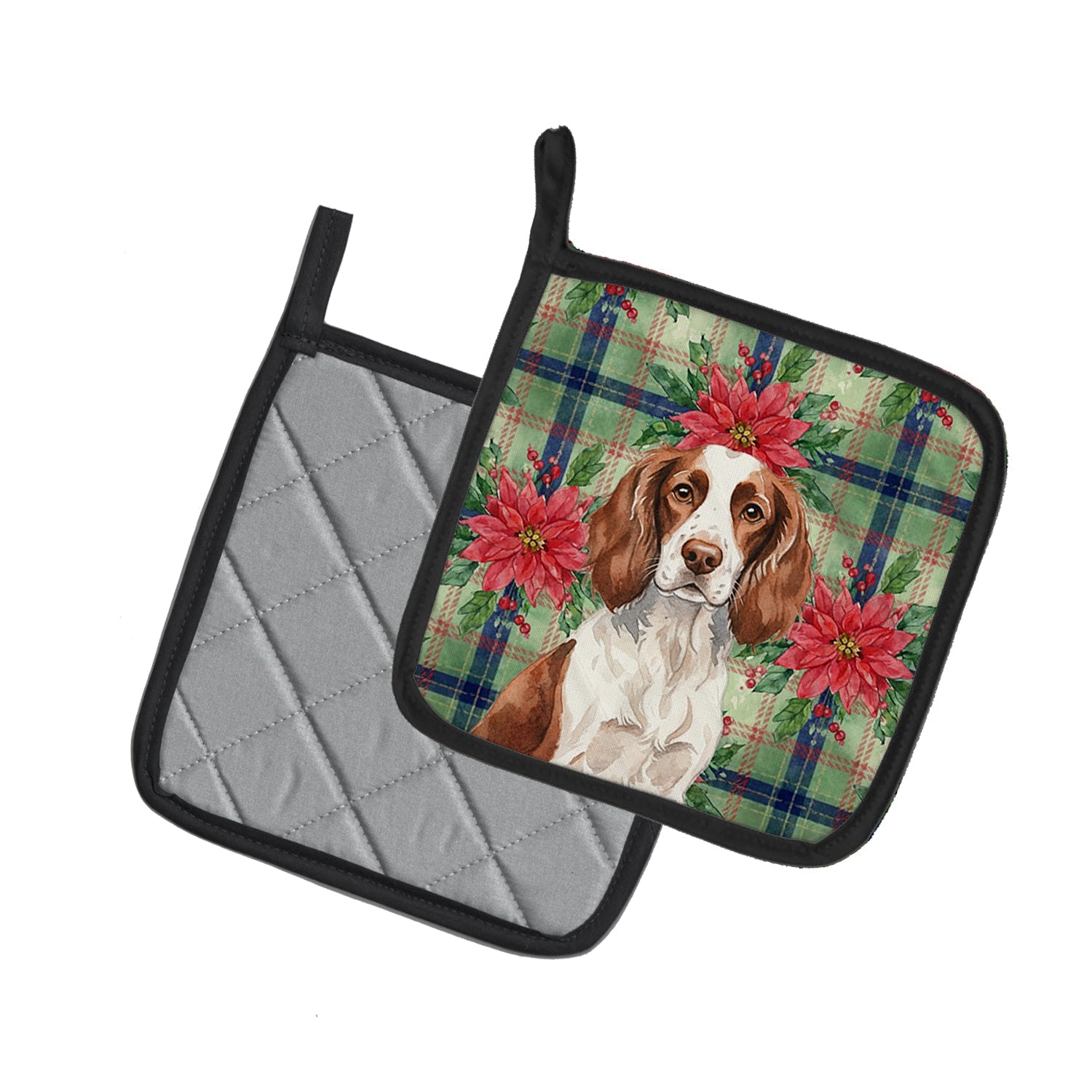 Liver and White English Springer Spaniel Christmas PoinsettIas Pot Holder Set of 2 Heat Resistant Quilted Hot Pads 7.5 x 7.5 Inch, Insulated Kitchen Trivets for Cooking & Baking