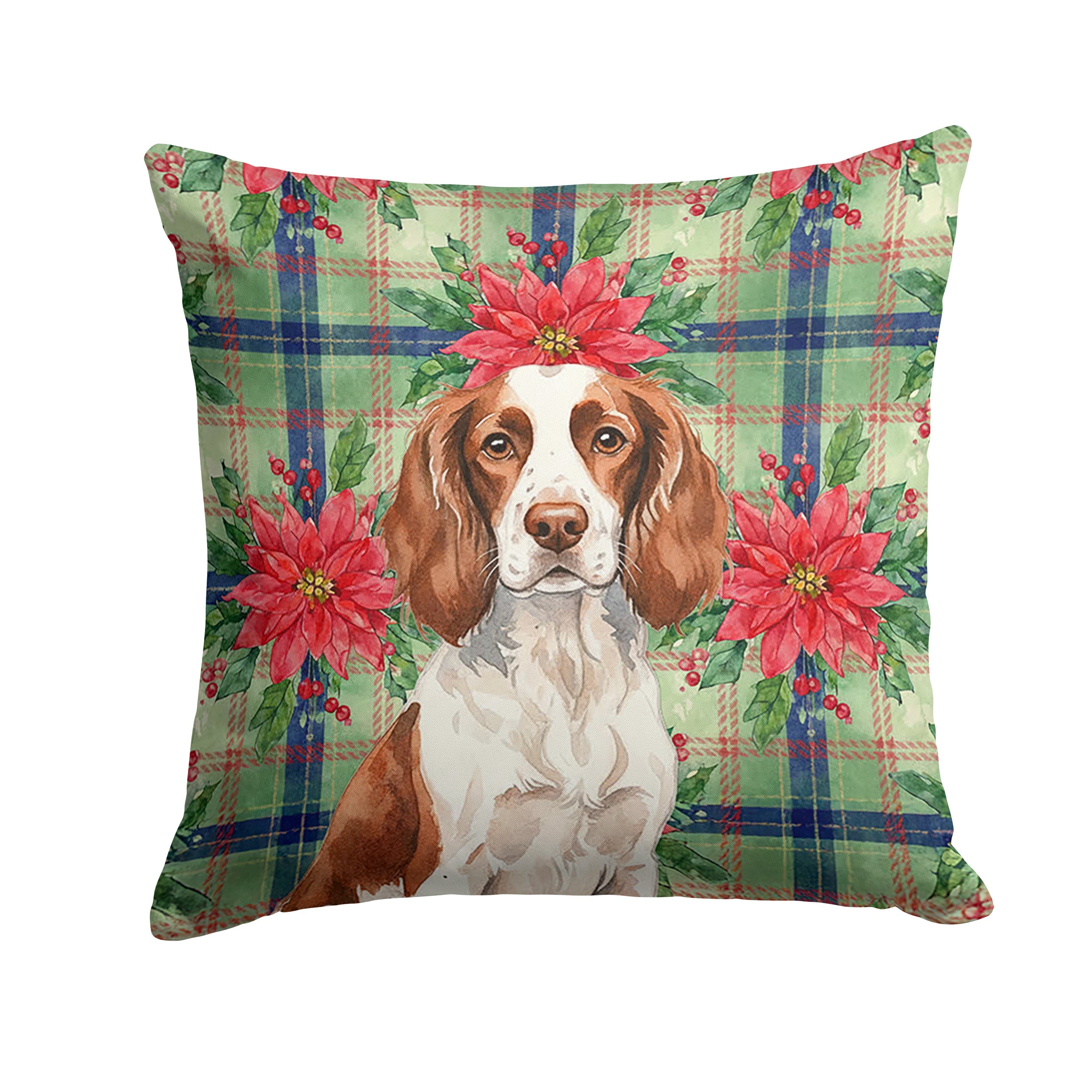Liver and White English Springer Spaniel Christmas PoinsettIas Decorative Throw Pillow 18x18 Indoor Outdoor Accent Cushion, Fabric Cover with Insert for Sofa, Bed, Porch & Living Room