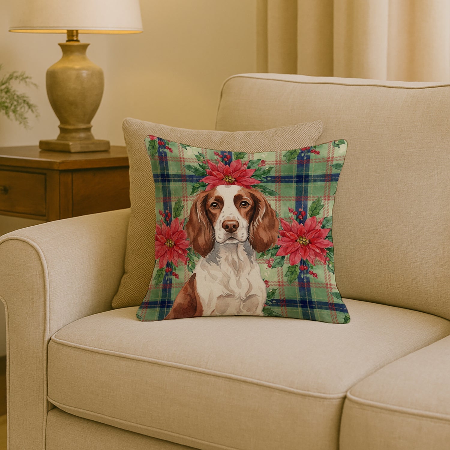 Liver and White English Springer Spaniel Christmas PoinsettIas Decorative Throw Pillow 18x18 Indoor Outdoor Accent Cushion, Fabric Cover with Insert for Sofa, Bed, Porch & Living Room