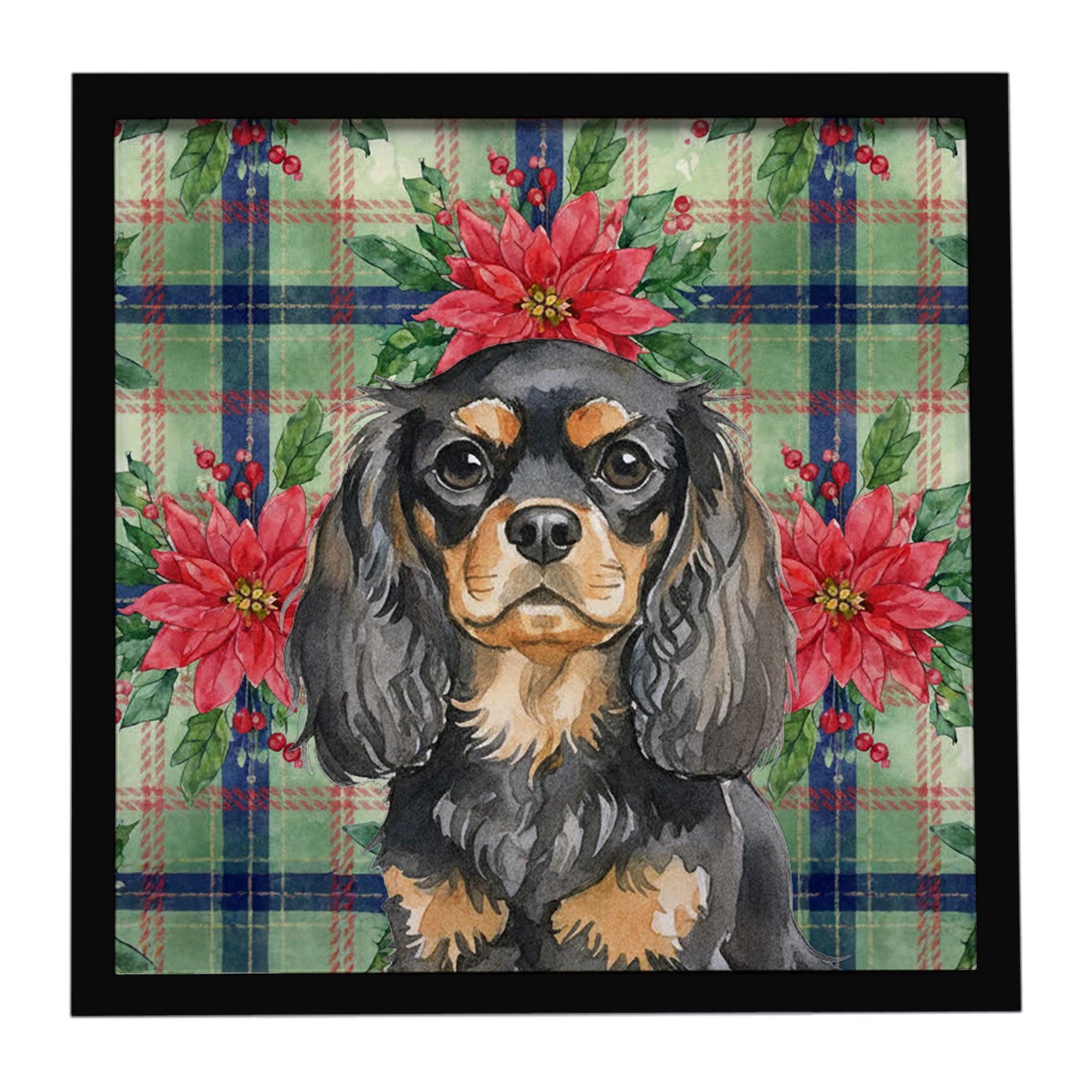 Black and Tan English Toy Spaniel Christmas PoinsettIas Framed Metal Print Bathroom, Kitchen, Office, Home Decor Wall Art Ready to Hang, Square, 8X8