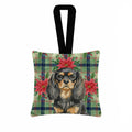 Black and Tan English Toy Spaniel Christmas PoinsettIas Hanging Square Fabric Ornament 3.5 � 3.5 Decorative Door-Knob & Tree Hanger, Soft Fabric
