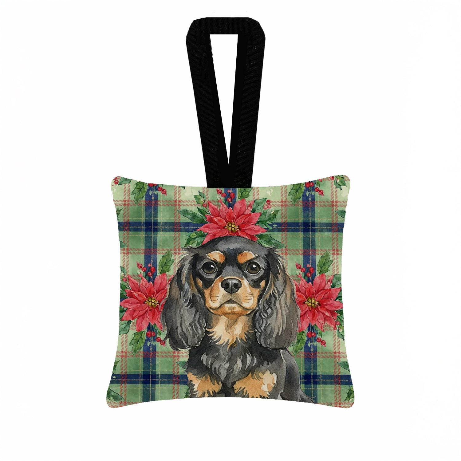 Black and Tan English Toy Spaniel Christmas PoinsettIas Hanging Square Fabric Ornament 3.5 � 3.5 Decorative Door-Knob & Tree Hanger, Soft Fabric