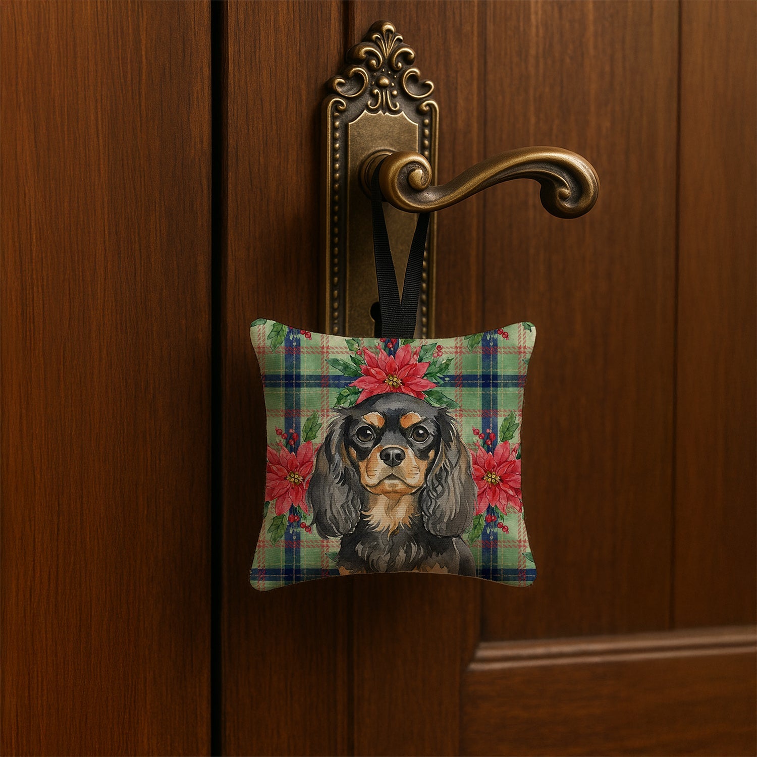 Black and Tan English Toy Spaniel Christmas PoinsettIas Hanging Square Fabric Ornament 3.5 � 3.5 Decorative Door-Knob & Tree Hanger, Soft Fabric
