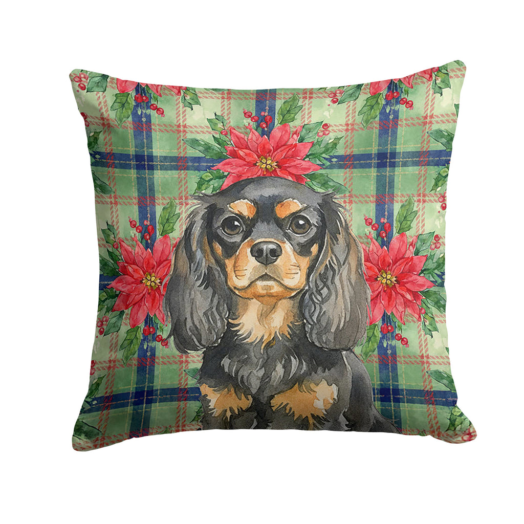 Black and Tan English Toy Spaniel Christmas PoinsettIas Decorative Throw Pillow 14x14 Indoor Outdoor Accent Cushion, Fabric Cover with Insert for Sofa, Bed, Porch & Living Room