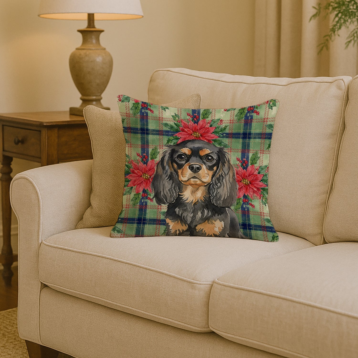 Black and Tan English Toy Spaniel Christmas PoinsettIas Decorative Throw Pillow 14x14 Indoor Outdoor Accent Cushion, Fabric Cover with Insert for Sofa, Bed, Porch & Living Room