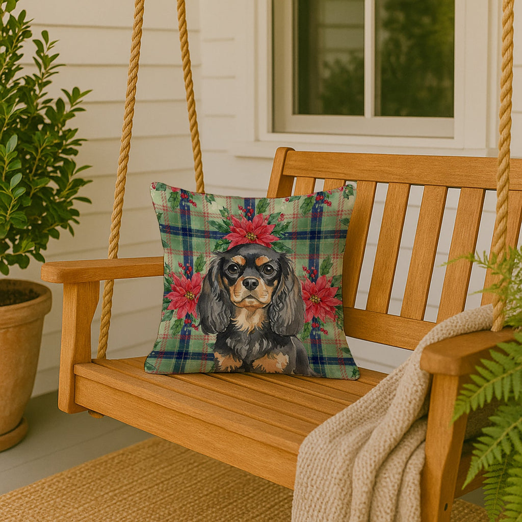 Black and Tan English Toy Spaniel Christmas PoinsettIas Decorative Throw Pillow 18x18 Indoor Outdoor Accent Cushion, Fabric Cover with Insert for Sofa, Bed, Porch & Living Room
