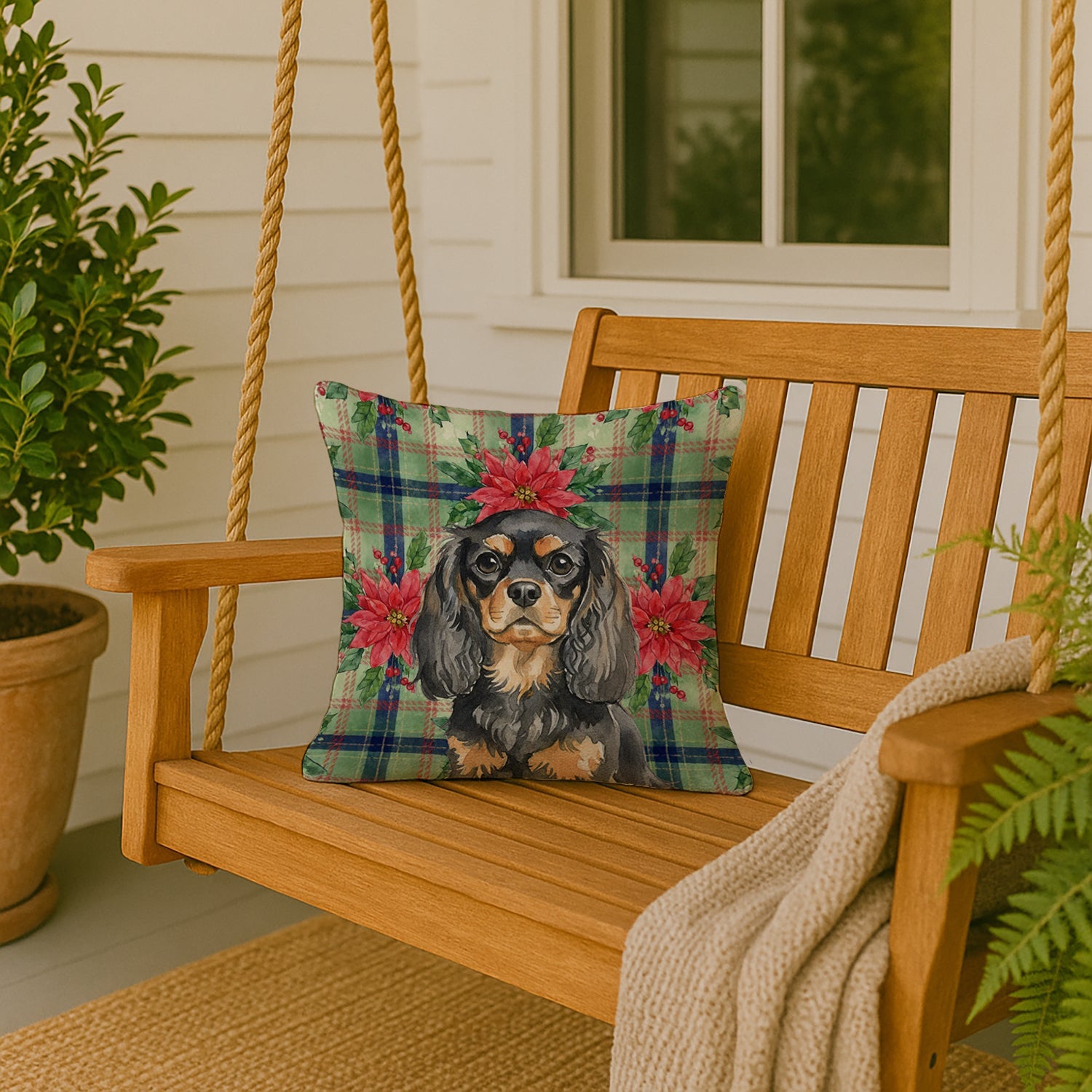 Black and Tan English Toy Spaniel Christmas PoinsettIas Decorative Throw Pillow 18x18 Indoor Outdoor Accent Cushion, Fabric Cover with Insert for Sofa, Bed, Porch & Living Room