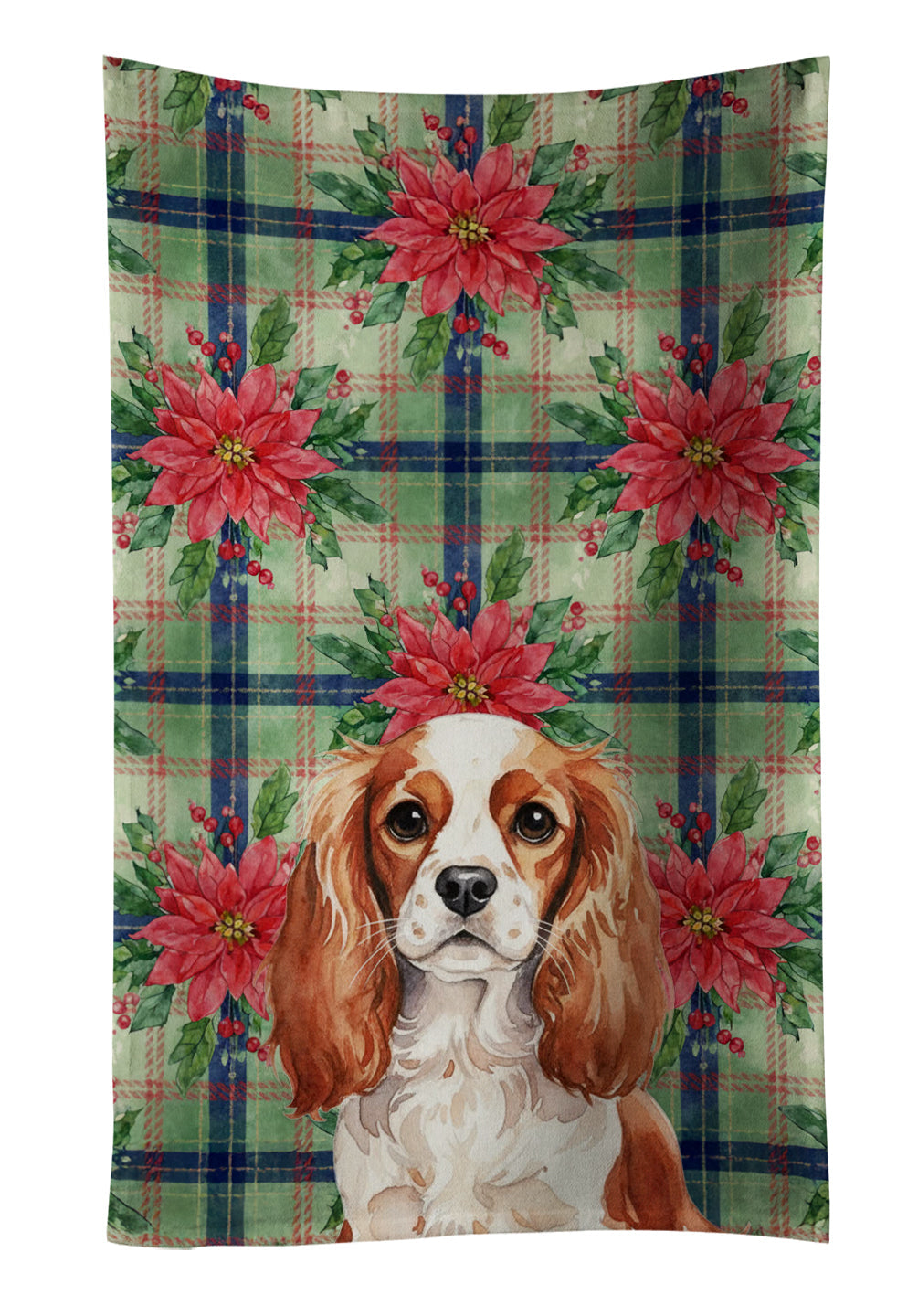 Blenheim English Toy Spaniel Christmas PoinsettIas Kitchen Towel Velour Plush Front and Cotton Loop Back Machine Washable