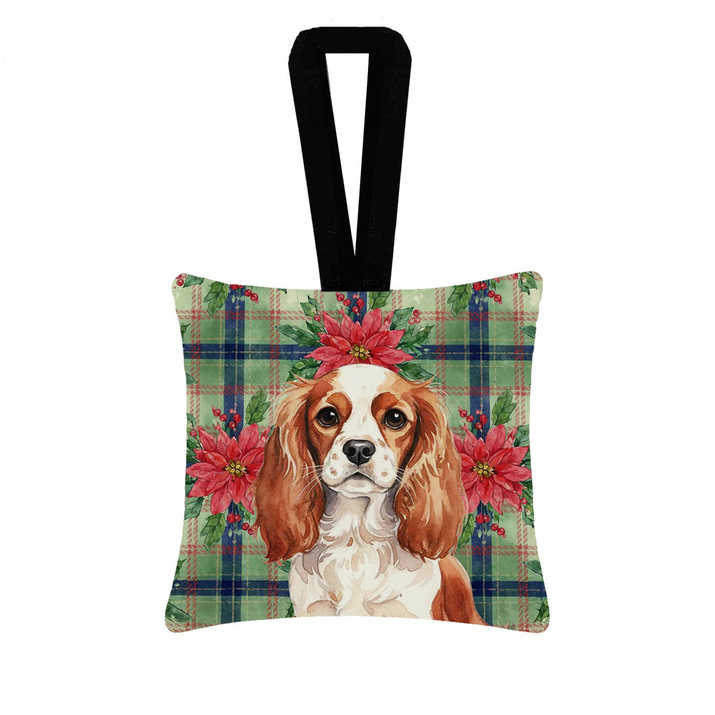 Blenheim English Toy Spaniel Christmas PoinsettIas Hanging Square Fabric Ornament 3.5 � 3.5 Decorative Door-Knob & Tree Hanger, Soft Fabric