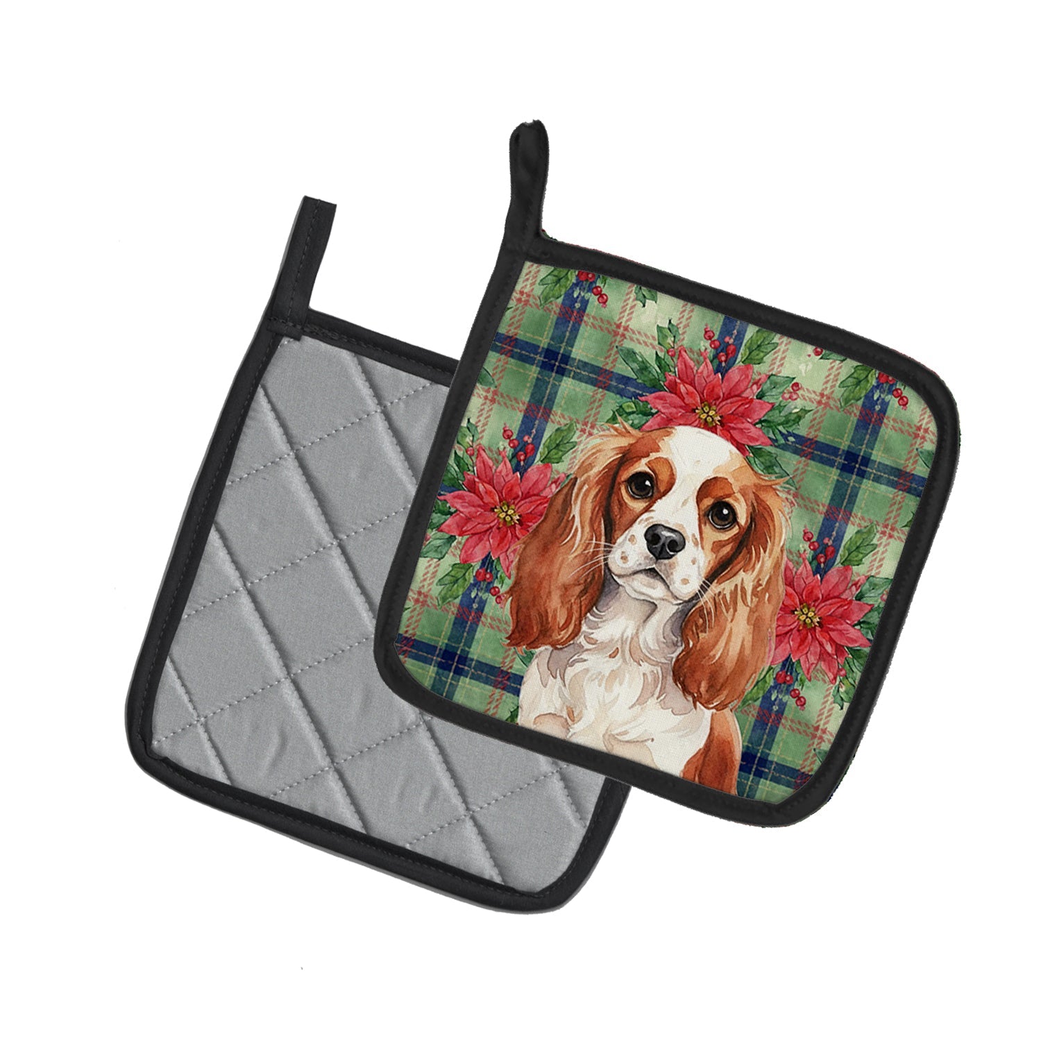 Blenheim English Toy Spaniel Christmas PoinsettIas Pot Holder Set of 2 Heat Resistant Quilted Hot Pads 7.5 x 7.5 Inch, Insulated Kitchen Trivets for Cooking & Baking