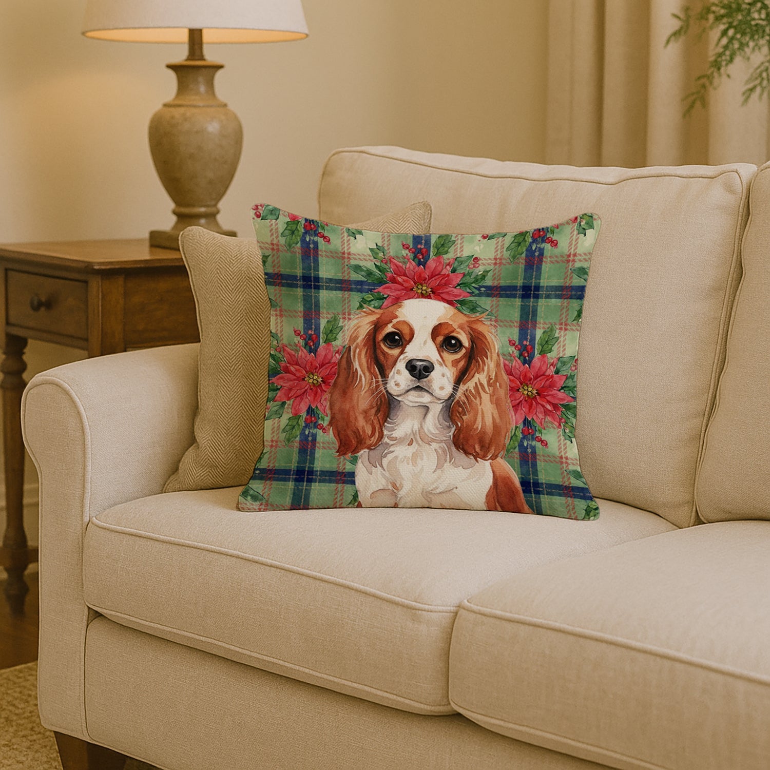 Blenheim English Toy Spaniel Christmas PoinsettIas Decorative Throw Pillow 14x14 Indoor Outdoor Accent Cushion, Fabric Cover with Insert for Sofa, Bed, Porch & Living Room