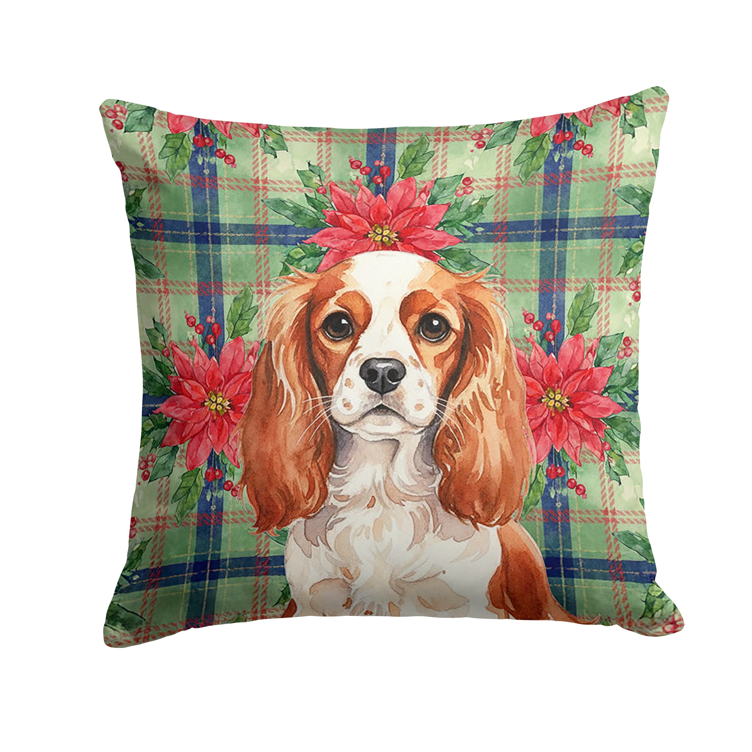 Blenheim English Toy Spaniel Christmas PoinsettIas Decorative Throw Pillow 18x18 Indoor Outdoor Accent Cushion, Fabric Cover with Insert for Sofa, Bed, Porch & Living Room