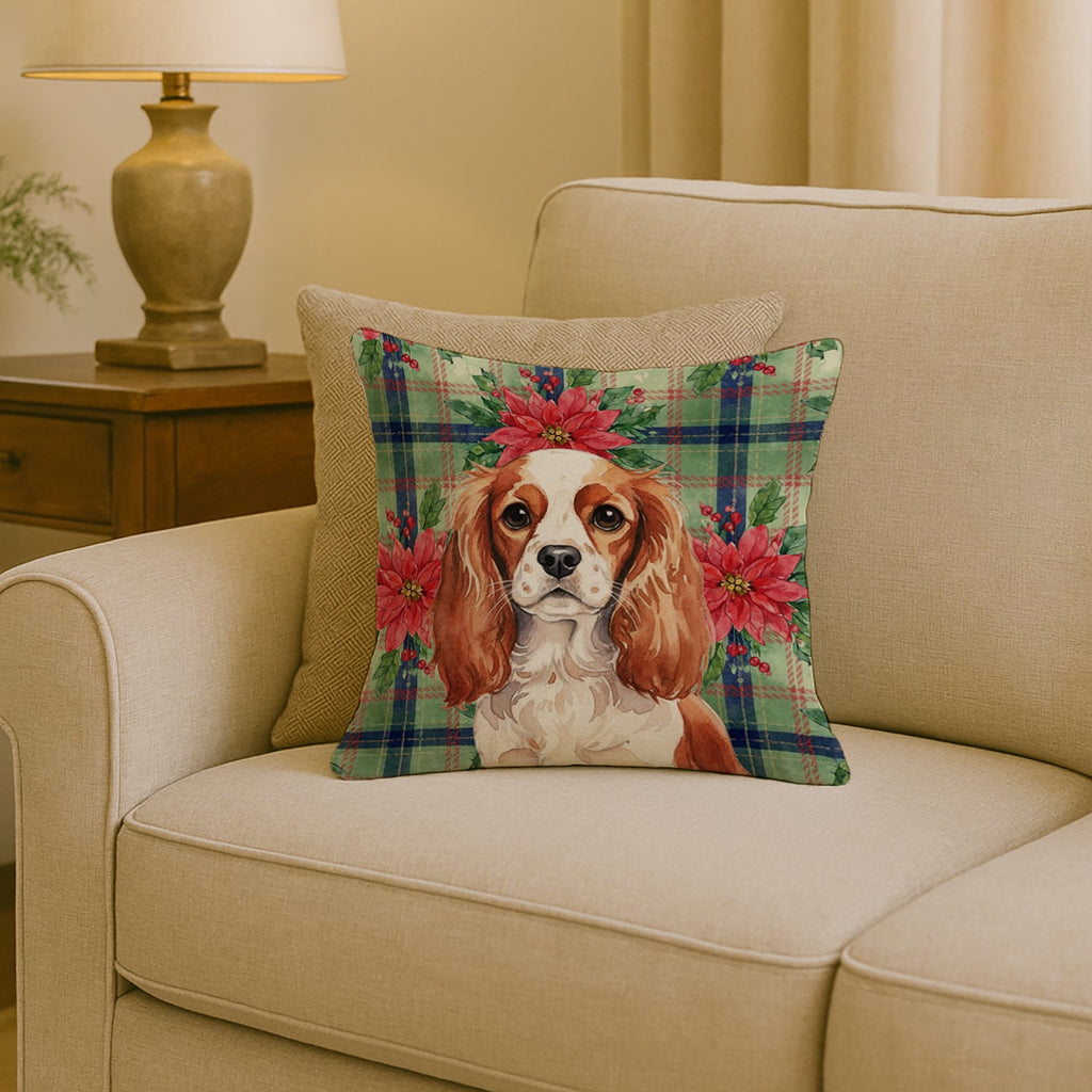 Blenheim English Toy Spaniel Christmas PoinsettIas Decorative Throw Pillow 18x18 Indoor Outdoor Accent Cushion, Fabric Cover with Insert for Sofa, Bed, Porch & Living Room