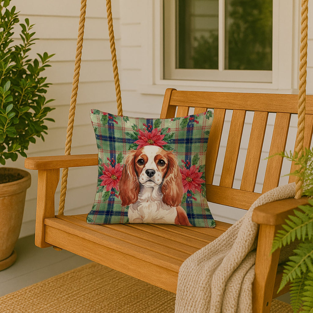 Blenheim English Toy Spaniel Christmas PoinsettIas Decorative Throw Pillow 18x18 Indoor Outdoor Accent Cushion, Fabric Cover with Insert for Sofa, Bed, Porch & Living Room