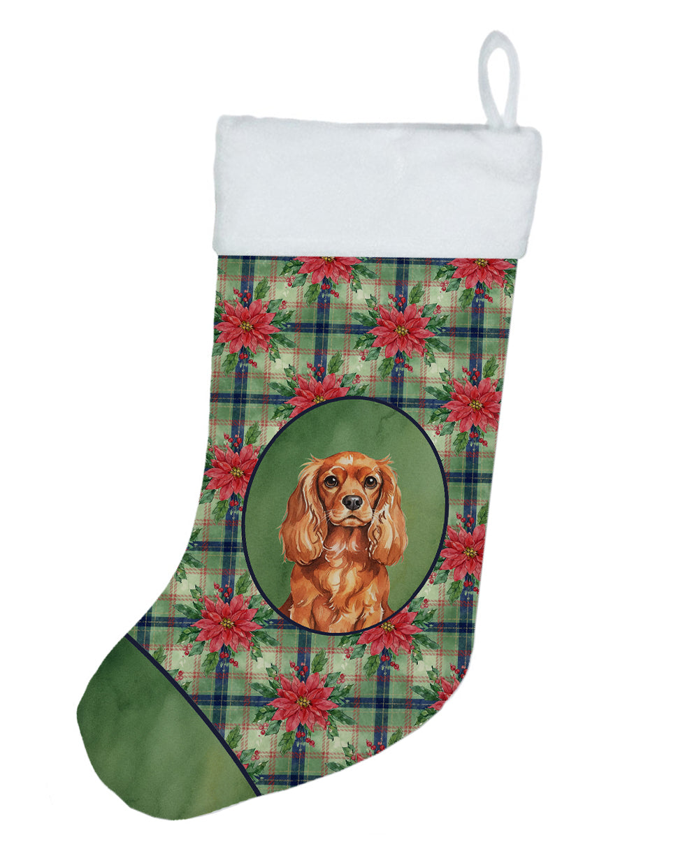 Ruby English Toy Spaniel Christmas PoinsettIas Holiday Stocking Double-Sided Print, Polyester Suede,11x18, Made in USA