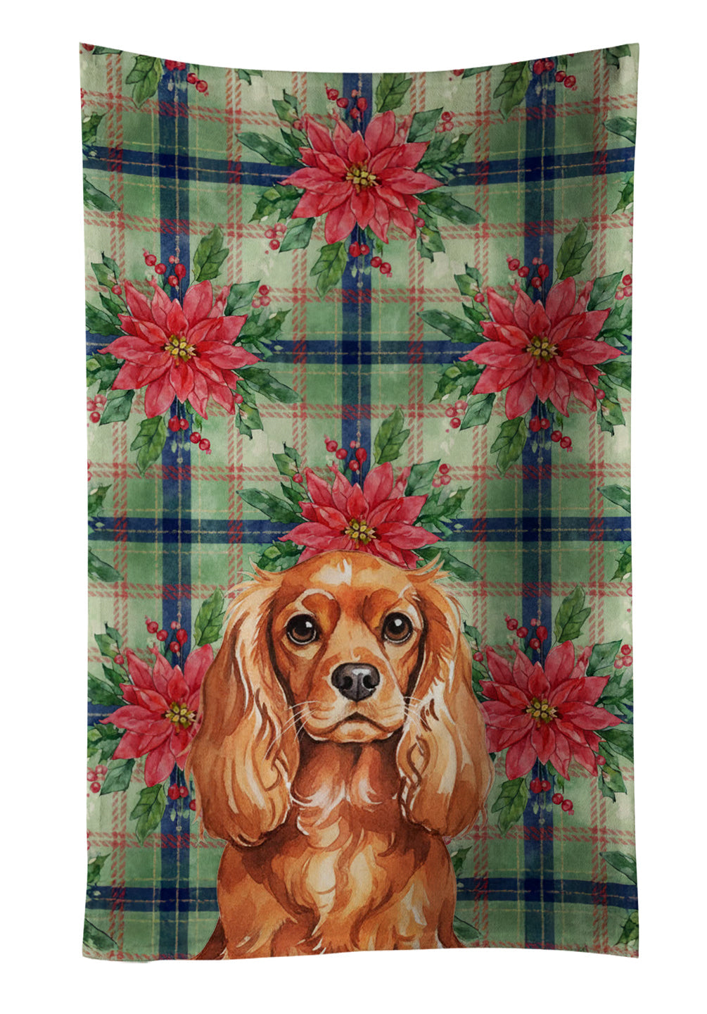 Ruby English Toy Spaniel Christmas PoinsettIas Kitchen Towel Velour Plush Front and Cotton Loop Back Machine Washable