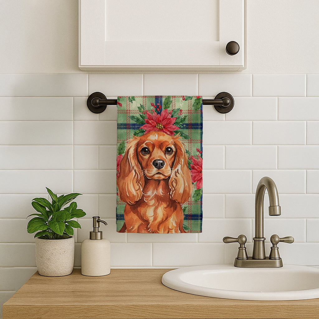 Ruby English Toy Spaniel Christmas PoinsettIas Kitchen Towel Velour Plush Front and Cotton Loop Back Machine Washable