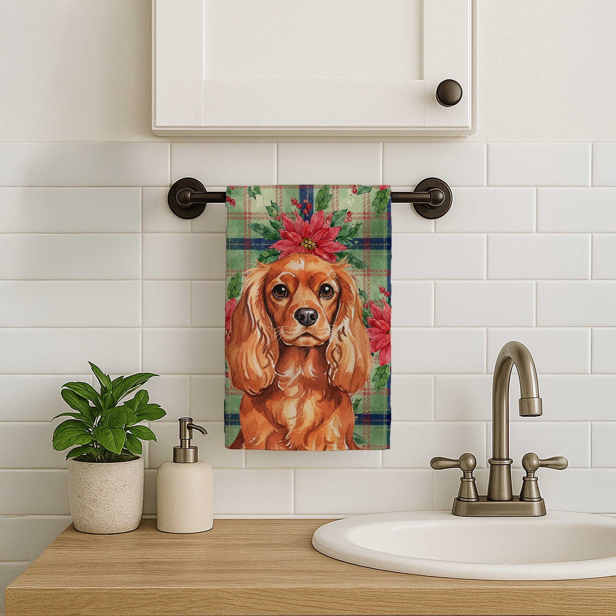 Ruby English Toy Spaniel Christmas PoinsettIas Kitchen Towel Velour Plush Front and Cotton Loop Back Machine Washable
