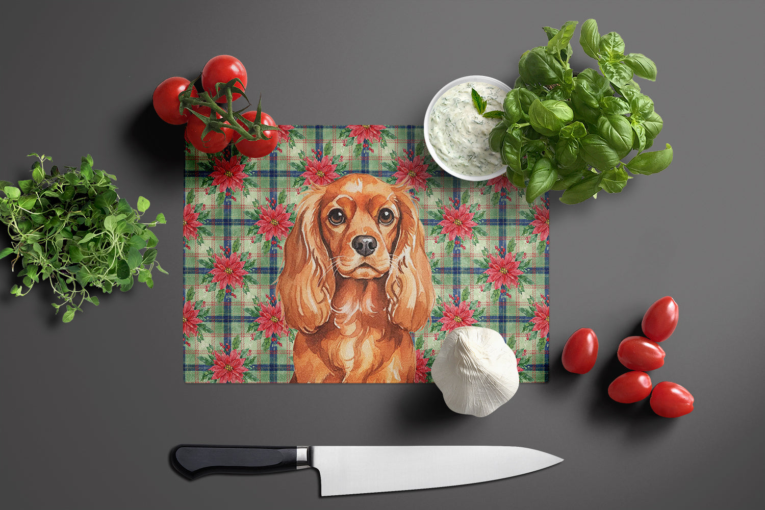 Ruby English Toy Spaniel Christmas PoinsettIas Cutting Board Tempered Glass Kitchen Cutting Surface, Heat Resistant Chopping, Non-Slip Feet, Food Prep & Serving