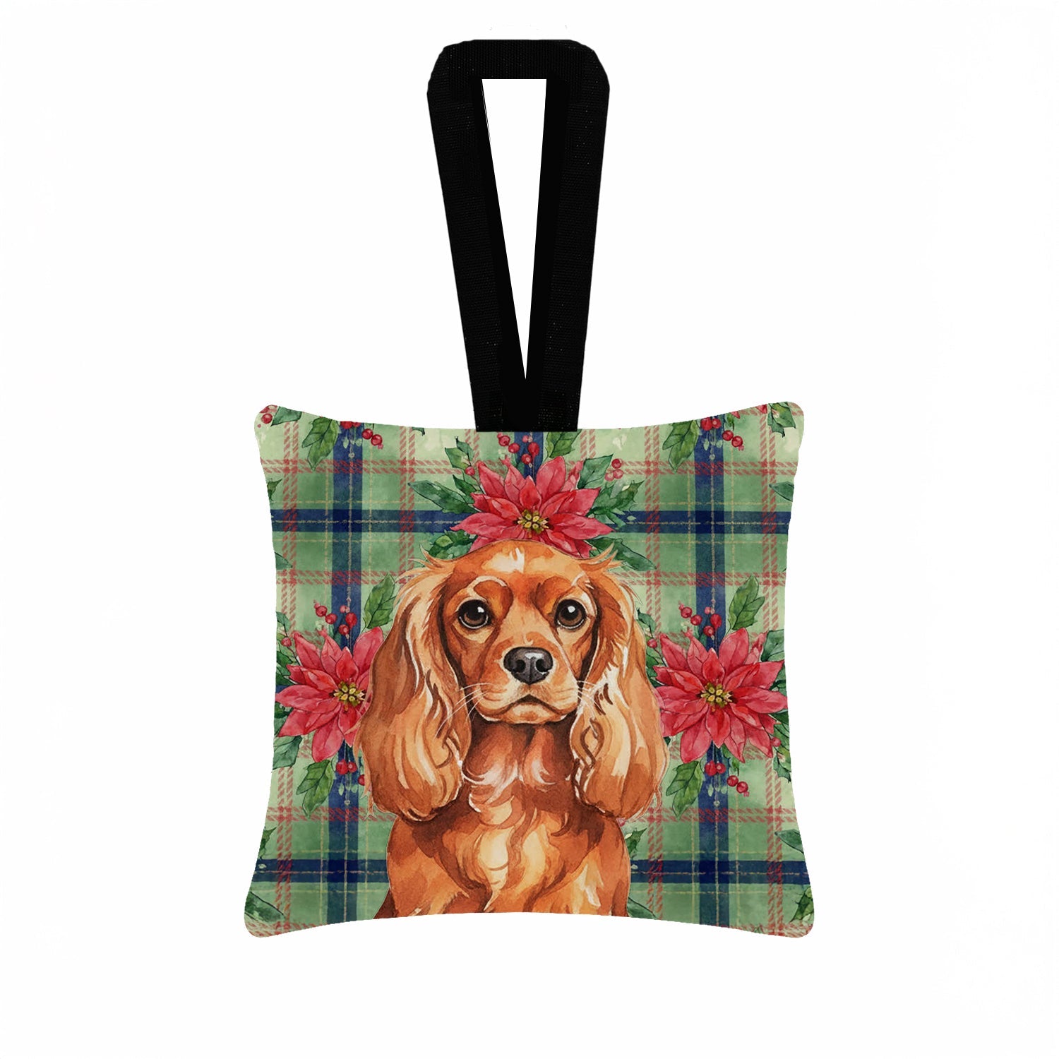 Ruby English Toy Spaniel Christmas PoinsettIas Hanging Square Fabric Ornament 3.5 � 3.5 Decorative Door-Knob & Tree Hanger, Soft Fabric