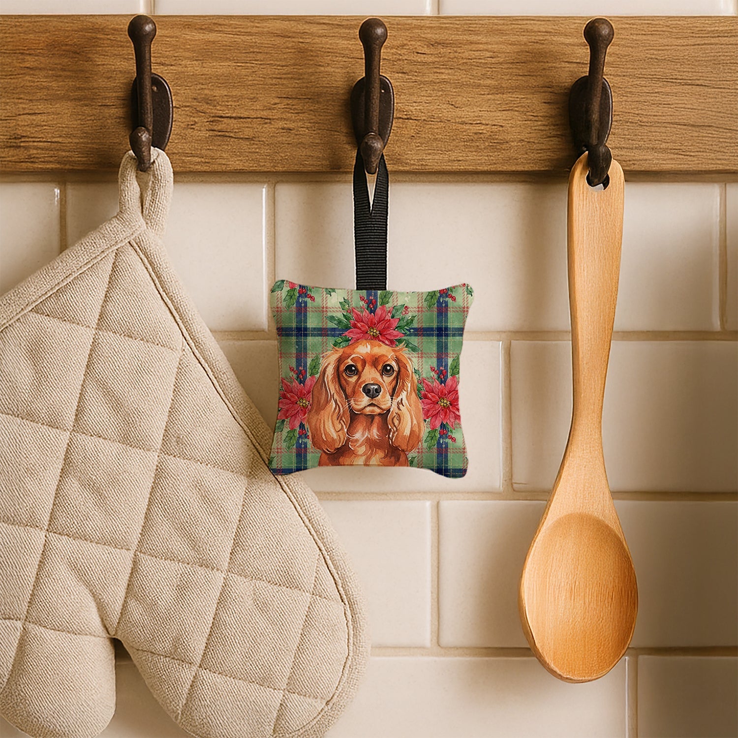 Ruby English Toy Spaniel Christmas PoinsettIas Hanging Square Fabric Ornament 3.5 � 3.5 Decorative Door-Knob & Tree Hanger, Soft Fabric