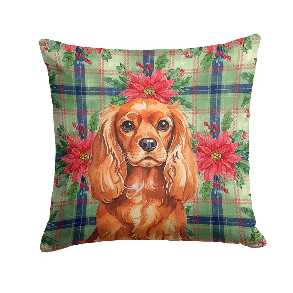 Ruby English Toy Spaniel Christmas PoinsettIas Decorative Throw Pillow 14x14 Indoor Outdoor Accent Cushion, Fabric Cover with Insert for Sofa, Bed, Porch & Living Room