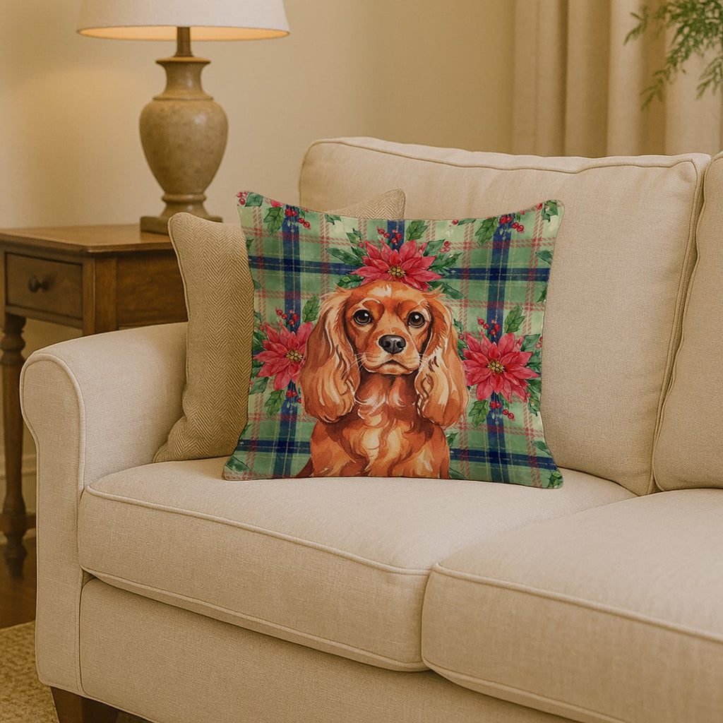 Ruby English Toy Spaniel Christmas PoinsettIas Decorative Throw Pillow 14x14 Indoor Outdoor Accent Cushion, Fabric Cover with Insert for Sofa, Bed, Porch & Living Room