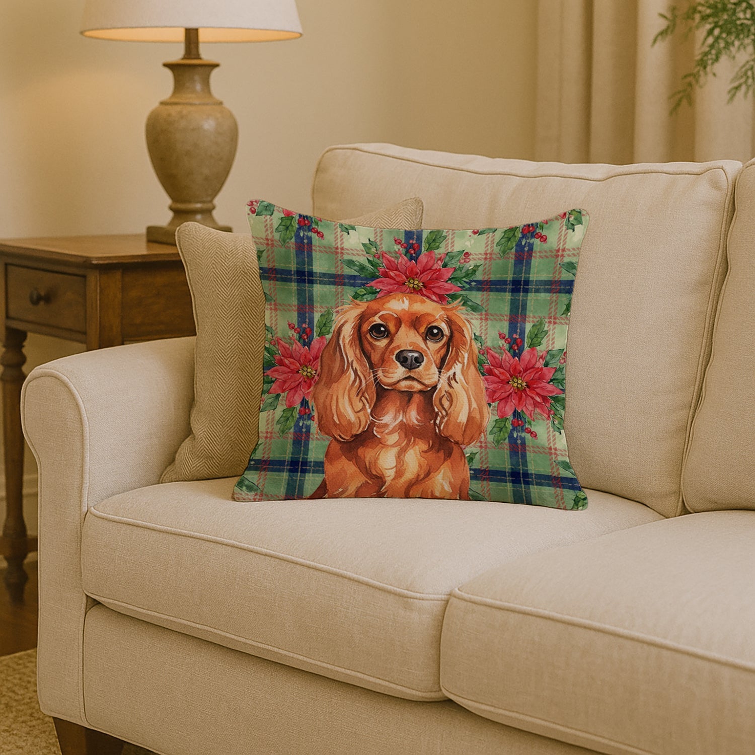 Ruby English Toy Spaniel Christmas PoinsettIas Decorative Throw Pillow 14x14 Indoor Outdoor Accent Cushion, Fabric Cover with Insert for Sofa, Bed, Porch & Living Room