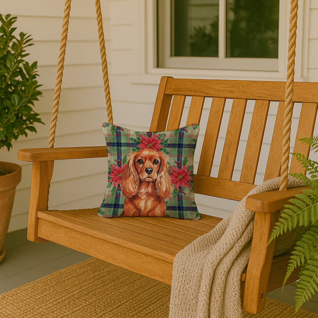 Ruby English Toy Spaniel Christmas PoinsettIas Decorative Throw Pillow 14x14 Indoor Outdoor Accent Cushion, Fabric Cover with Insert for Sofa, Bed, Porch & Living Room
